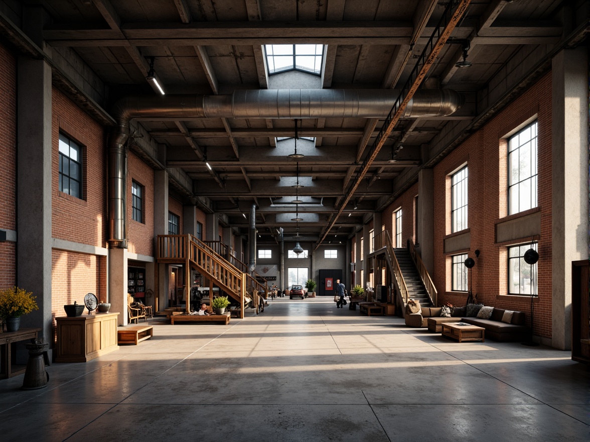 Prompt: Industrial warehouse interior, exposed ductwork, metal beams, concrete floors, brick walls, industrial lighting fixtures, steel columns, raw unfinished textures, urban atmosphere, dim warm lighting, high ceilings, open space, minimalist decor, reclaimed wood accents, functional machinery, industrial equipment, metal staircases, catwalks, overhead cranes, urban grittiness, dramatic shadows, 1/1 composition, gritty realistic textures.