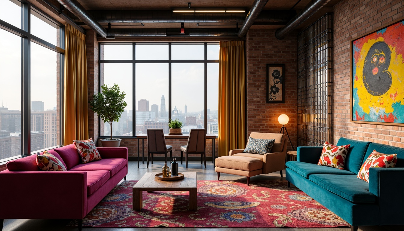 Prompt: Vibrant penthouse interior, eclectic style, mix-and-match furnishings, bold patterned rugs, statement walls, textured brick surfaces, industrial metal accents, reclaimed wood features, colorful abstract artwork, floor-to-ceiling windows, natural light pouring in, urban cityscape views, modern minimalist lighting fixtures, plush sectional sofas, rich velvet drapes, metallic wallpaper, geometric patterned tiles, warm ambient glow, soft focus blur, 1/2 composition, cinematic mood, high-contrast rendering.