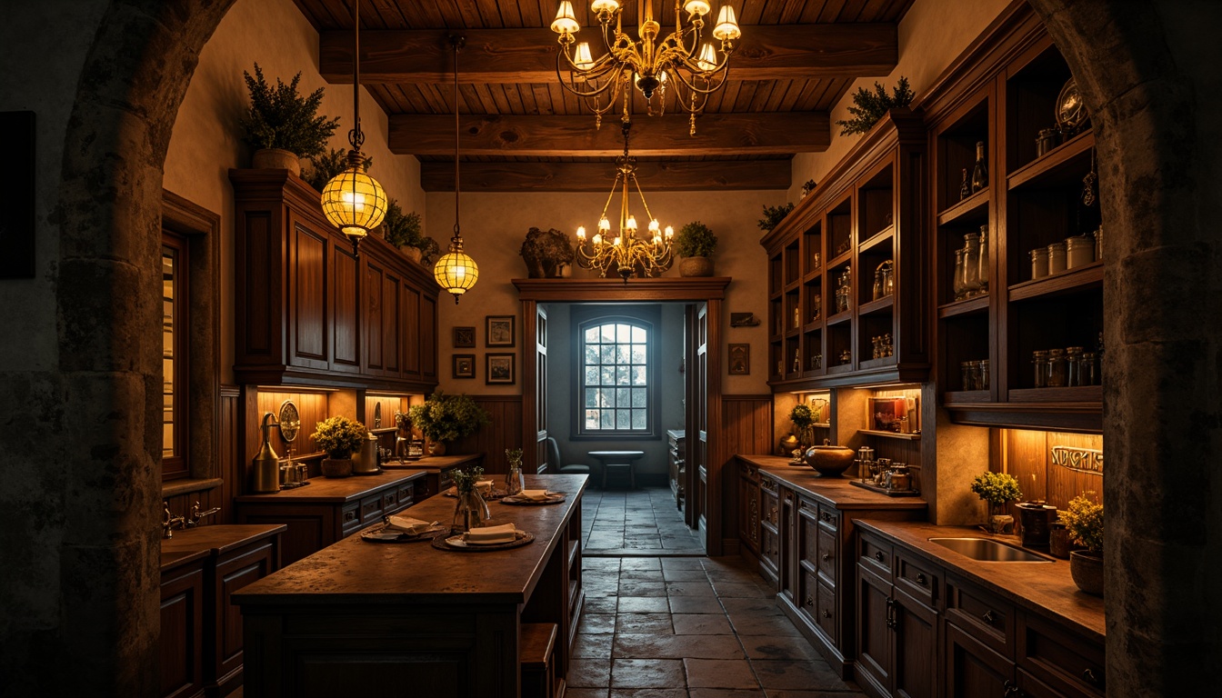 Prompt: Dimly lit pantry, warm golden lighting, ornate Gothic arches, rich wood cabinetry, intricate stone carvings, mysterious ambiance, eerie shadows, soft candlelight, medieval-inspired decor, grand chandeliers, rustic wooden beams, mystical atmosphere, dramatic contrast, high ceilings, narrow windows, ancient artifacts, mysterious relics, subtle misting.