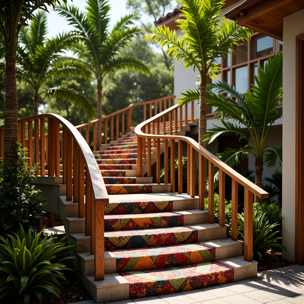 Prompt: Tropical staircase, exotic wood railings, curved banister lines, woven rattan accents, lush greenery surroundings, natural stone steps, polished chrome handrails, warm ambient lighting, shallow depth of field, 1/1 composition, realistic textures, ambient occlusion, palm tree-inspired newel posts, vibrant colorful upholstery, intricate geometric patterns, ocean breeze feel, sunny day atmosphere.