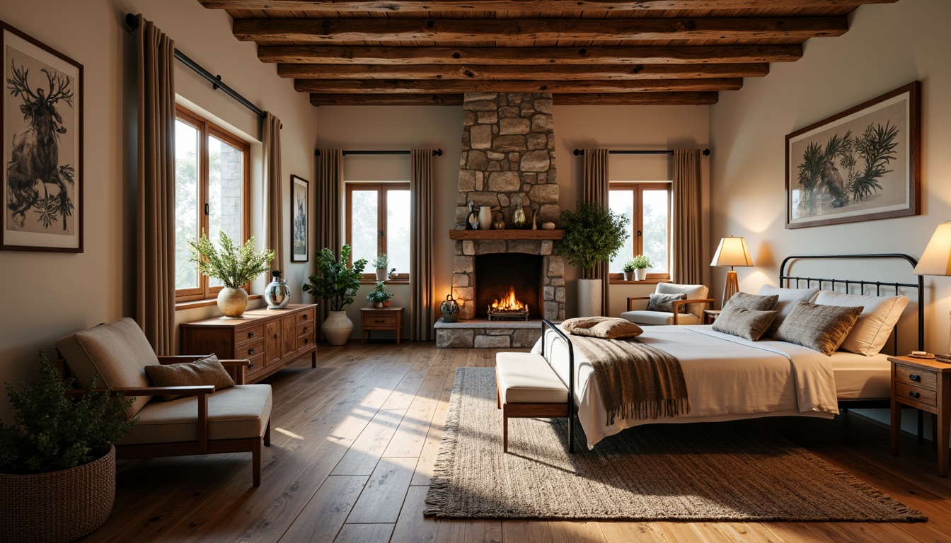 Prompt: Cozy rustic bedroom, reclaimed wood furniture, vintage metal frames, earthy tone color palette, plush area rugs, stone fireplace, wooden ceiling beams, natural linen fabrics, woven baskets, potted greenery, soft warm lighting, shallow depth of field, 1/1 composition, intimate atmosphere, distressed wood textures, ambient occlusion.