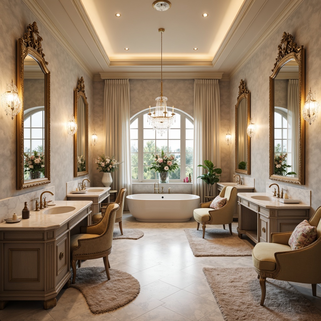 Prompt: Luxurious powder room, elegant vanity area, soft warm lighting, ornate mirrors, marble countertops, plush area rugs, comfortable seating, velvet accent chairs, gold metal frames, crystal chandeliers, delicate floral patterns, pastel color schemes, luxurious fabrics, subtle sheen finishes, shallow depth of field, 1/1 composition, realistic textures.