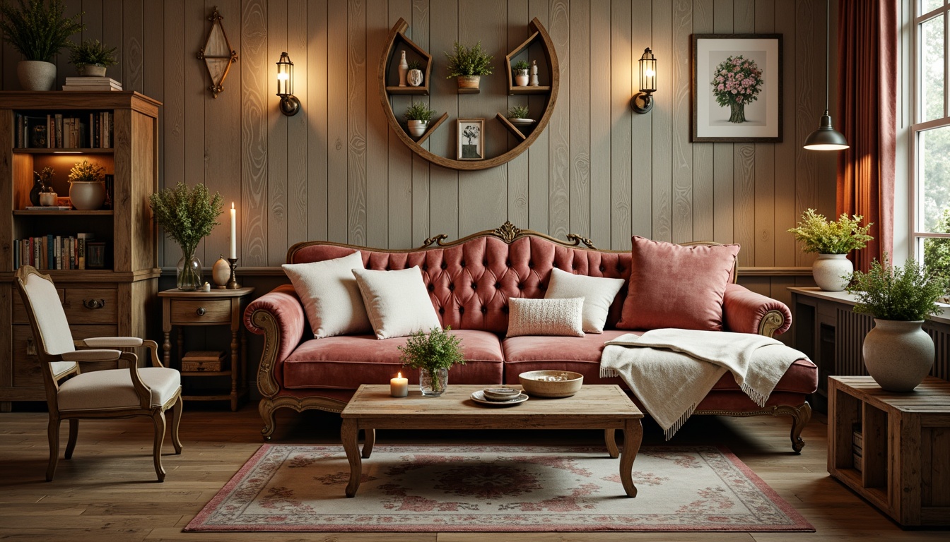 Prompt: Distressed wood tones, vintage floral patterns, soft pastel hues, ornate metal accents, plush velvet upholstery, rustic wooden crates, antique furniture pieces, warm candlelight, cozy throw blankets, natural linen fabrics, distressed finishes, elegant curves, feminine silhouettes, whimsical decorative items, romantic ambiance, soft focus, warm golden lighting, 1/2 composition, intimate atmosphere.