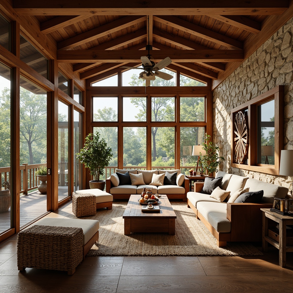 Prompt: Cozy sunroom, wooden beams, stone walls, large windows, sliding glass doors, plush furniture, comfortable sofas, rustic coffee tables, woven baskets, natural fiber rugs, earthy color palette, warm lighting, soft shadows, 1/1 composition, intimate atmosphere, cozy reading nooks, vintage decorative items, handmade craftsman-style wooden decorations, rich wood tones, organic shapes, natural textiles.