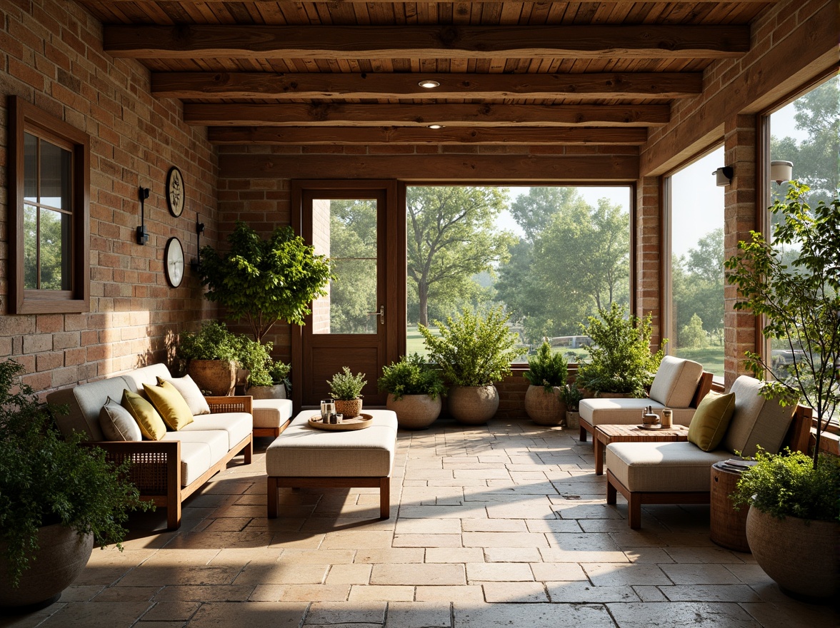 Prompt: Rustic sunroom, wooden beams, exposed brick walls, textured stone floors, earthy color palette, natural materials, craftsman style decor, plush furnishings, comfortable seating areas, lush greenery, overflowing planters, warm sunny day, soft diffused lighting, 1/1 composition, shallow depth of field, realistic textures, ambient occlusion.