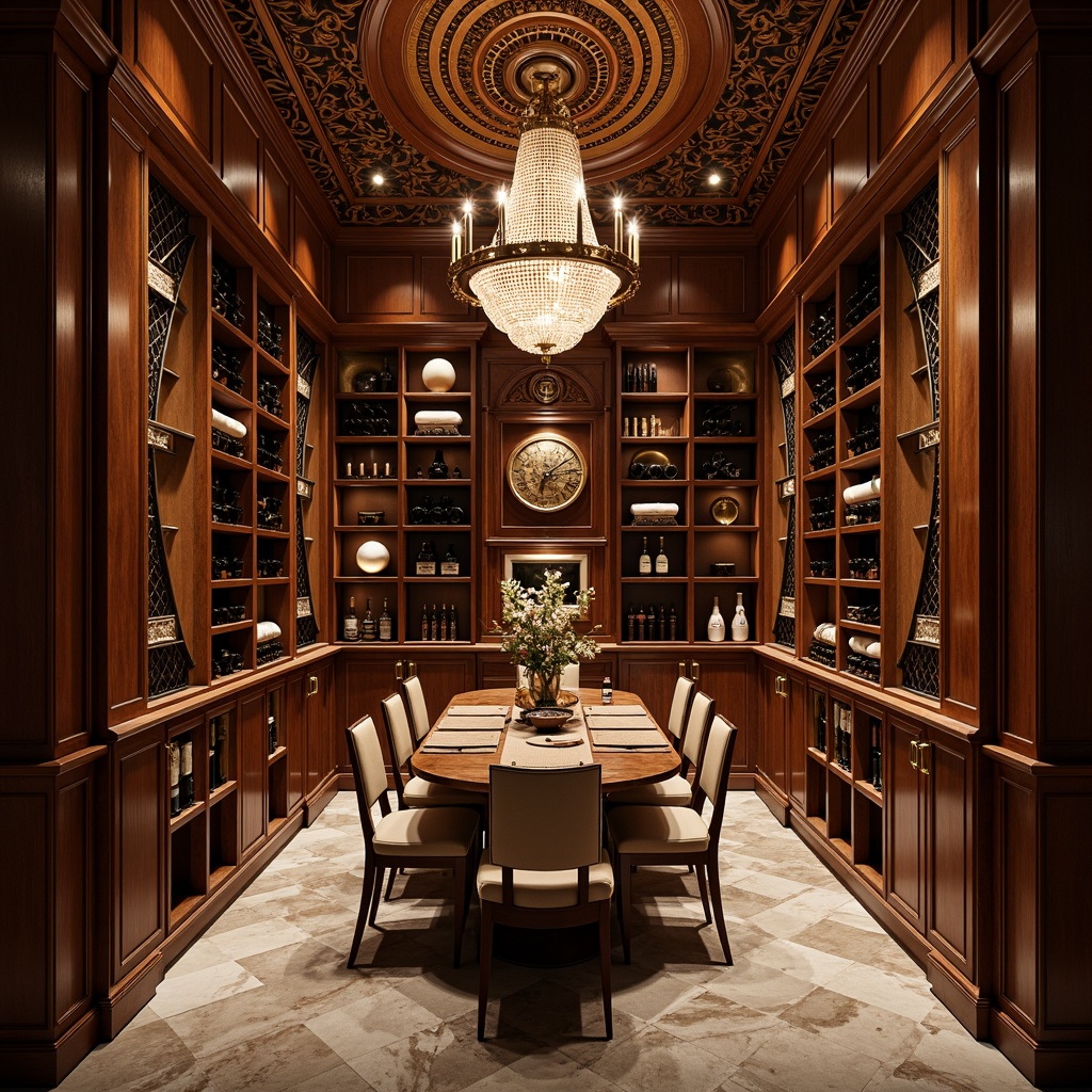 Prompt: Luxurious wine cellar, rich wood tones, metallic accents, ornate furnishings, curved lines, geometric patterns, velvet drapes, crystal chandeliers, polished marble floors, antique bronze hardware, bespoke cabinetry, temperature-controlled environment, soft warm lighting, dramatic shadows, 1/1 composition, high-angle shot, opulent textiles, lavish decor.