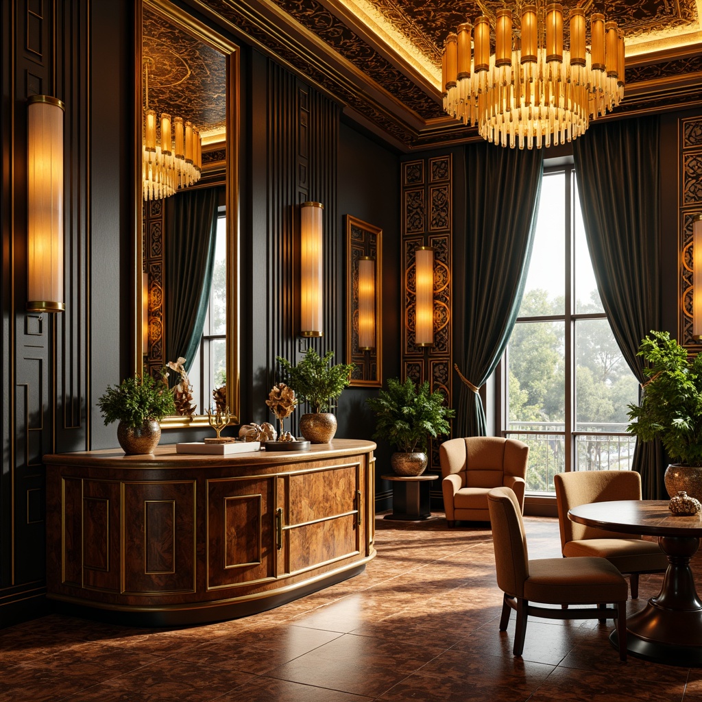 Prompt: Luxurious Art Deco interior, metallic accents, geometric patterns, ornate mirrors, lavish moldings, rich wood paneling, glossy lacquer finishes, bold color schemes, glamorous chandeliers, velvet drapes, abstract shapes, metallic leaf motifs, opulent textures, soft golden lighting, shallow depth of field, 1/1 composition, realistic renderings.