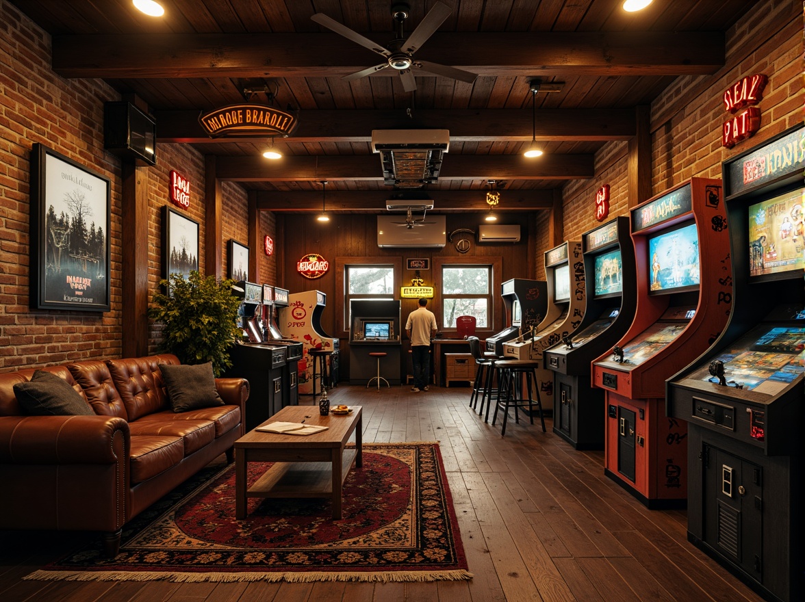 Prompt: Rustic game room, vintage arcade machines, distressed wood accents, worn leather sofas, faded denim upholstery, industrial metal frames, Edison bulb lighting, rich brown carpets, stone walls, wooden crates, nostalgic neon signs, eclectic decorative items, warm cozy atmosphere, low-key dramatic lighting, cinematic camera angles, 2.5D composition, high-contrast textures, subtle ambient occlusion.