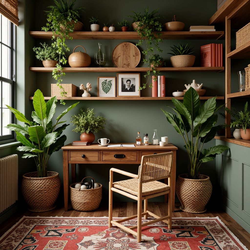 Prompt: Rustic wooden desk, woven rattan chair, lush green plants, natural fiber rug, earthy color palette, reclaimed wood shelving, woven bamboo storage baskets, tropical leaf patterns, vibrant coral accents, exotic wood textures, warm ambient lighting, shallow depth of field, 1/1 composition, panoramic view, realistic shadows, soft focus blur.