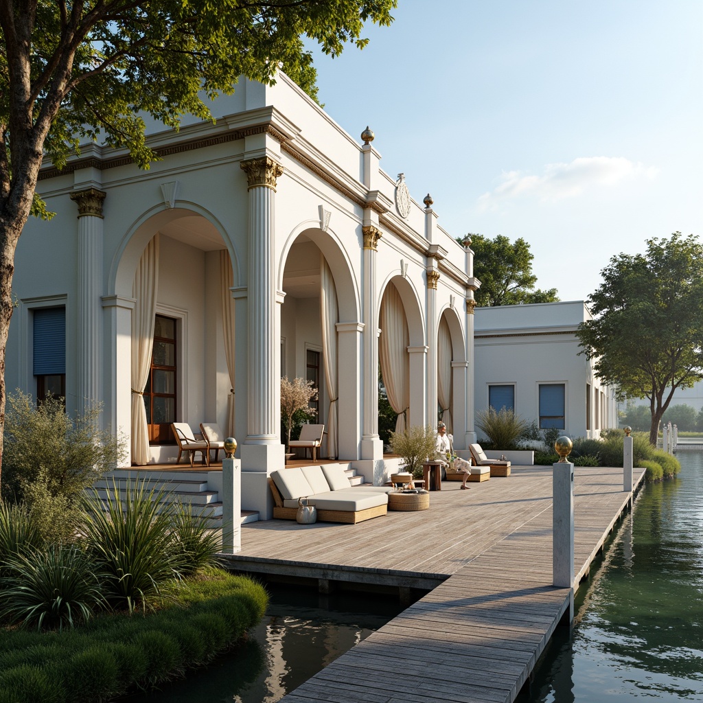 Prompt: Elegant boathouse, neoclassical facade, white columns, curved arches, ornate moldings, soft blue shutters, wooden dock, calm lake water, lush greenery, tranquil atmosphere, warm natural light, sheer curtains, billowy drapes, silk fabrics, golden accents, crystal chandeliers, refined wood tones, plush furnishings, sophisticated color palette, serene morning view, misty reflection, 1/2 composition, soft focus, realistic textures.