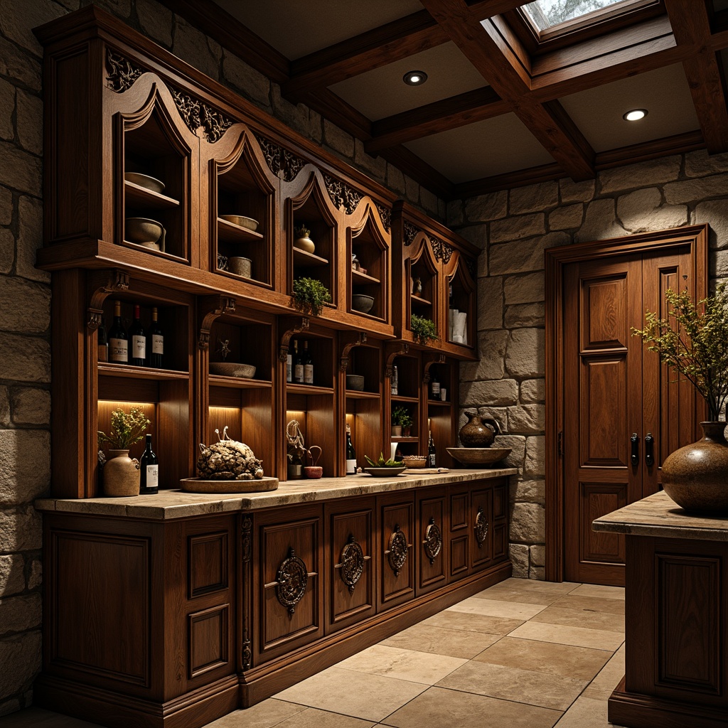 Prompt: Rich wooden cabinetry, ornate Gothic arches, intricate carvings, dark walnut finishes, rustic metal hardware, mysterious dim lighting, medieval-inspired design, grand pantry space, stone walls, vaulted ceilings, warm earthy tones, soft golden light, shallow depth of field, 2/3 composition, realistic textures, ambient occlusion.