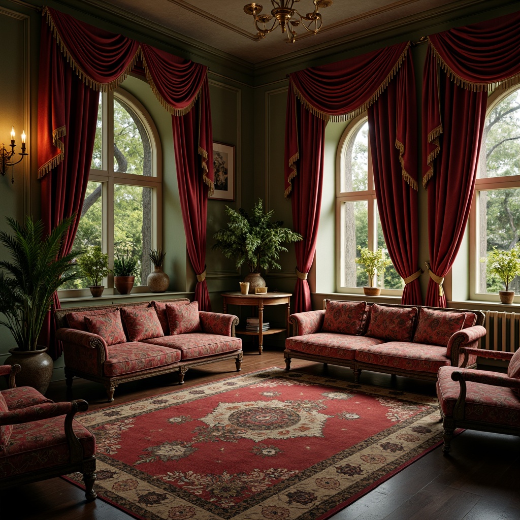 Prompt: Richly patterned velvet fabrics, intricate floral motifs, soft warm lighting, plush cushions, ornate wooden furniture, curved lines, organic shapes, luxurious drapes, heavy tassels, vintage rugs, distressed finishes, earthy color palette, moss green walls, golden accents, antique accessories, mysterious ambiance, subtle misting, shallow depth of field, 2/3 composition, atmospheric perspective.