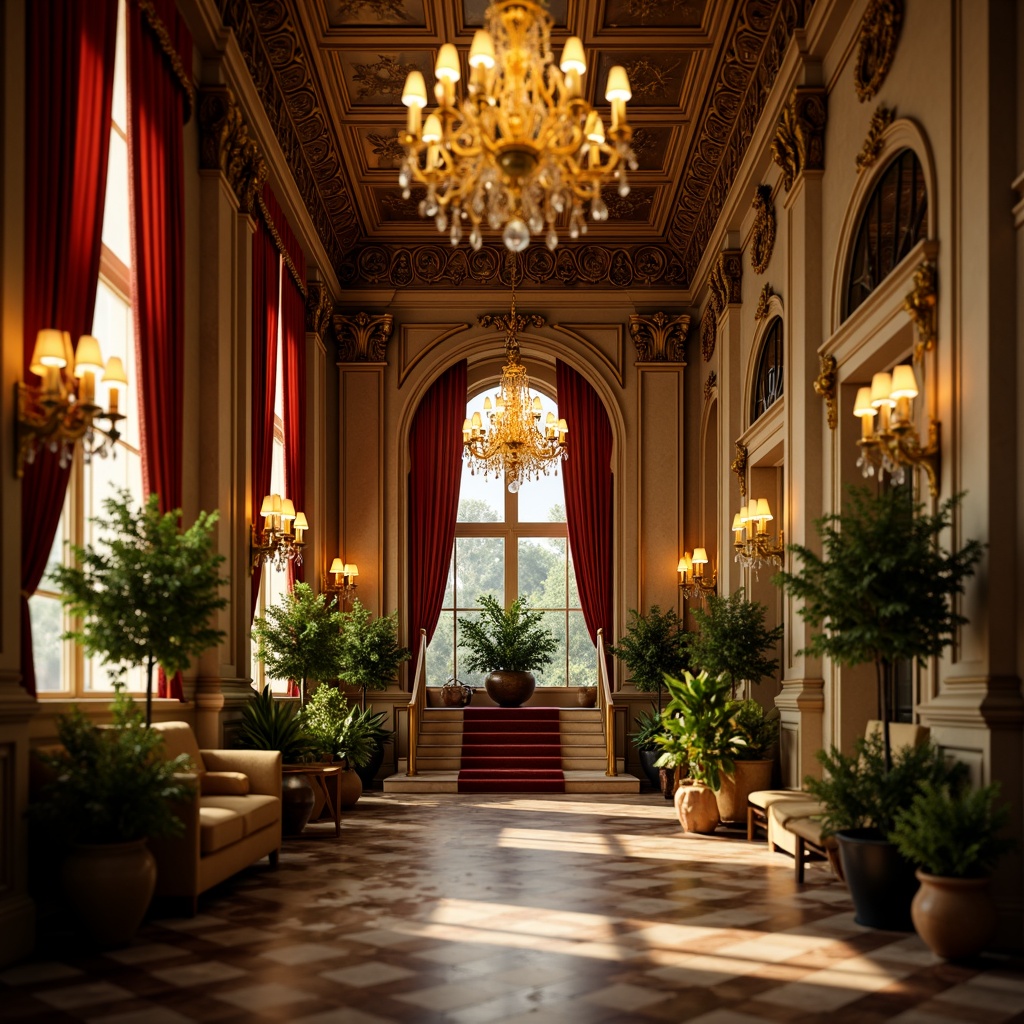 Prompt: Opulent ballroom, lavish chandeliers, warm golden lighting, ornate mirrors, intricate wood carvings, velvet drapes, marble floors, Baroque architecture, grand staircase, lush greenery, soft focus, shallow depth of field, 1/1 composition, cinematic mood, warm color palette, subtle shadows, detailed textures, ambient occlusion.