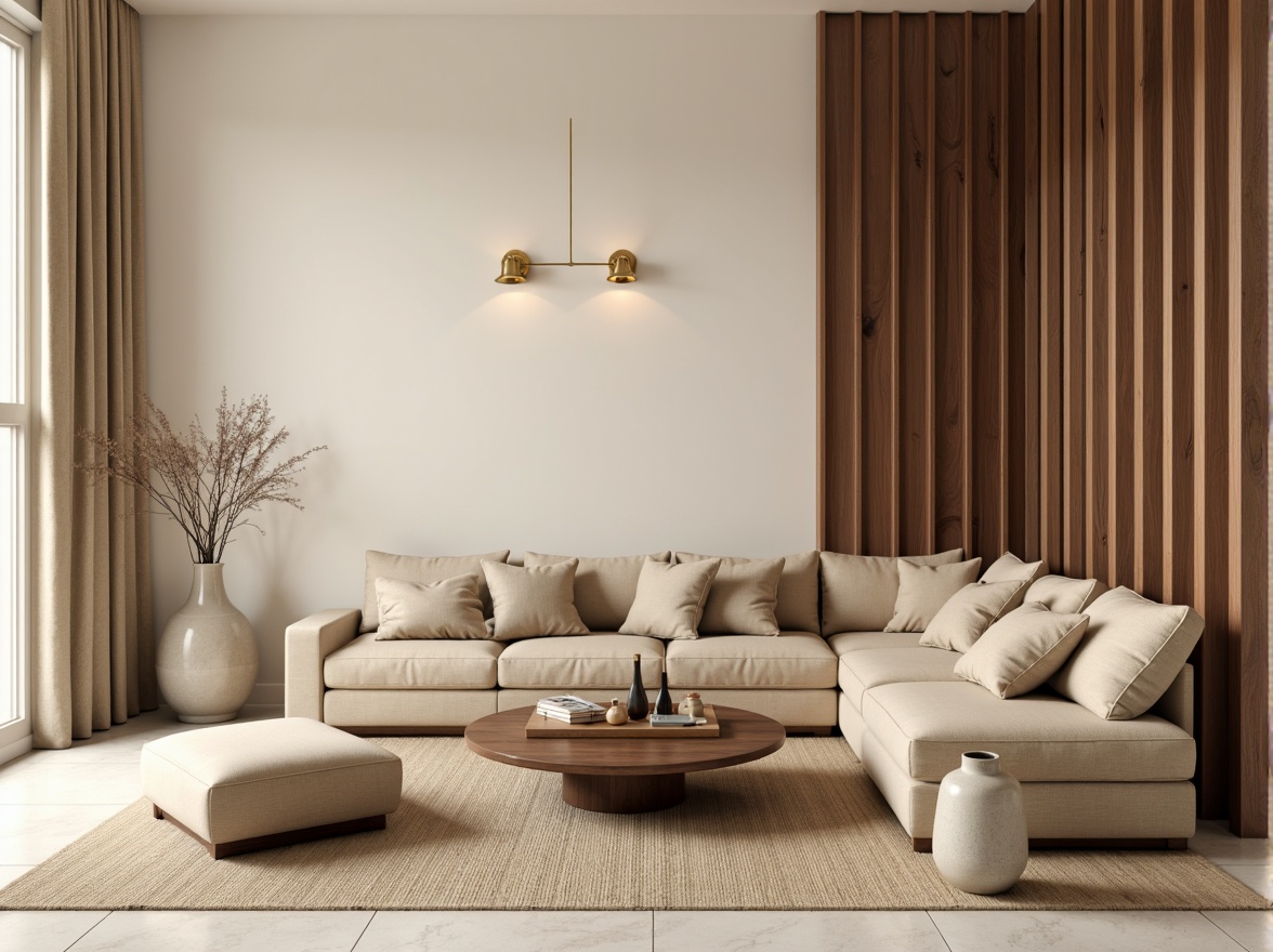 Prompt: Soft creamy walls, warm beige furniture, rich walnut wood accents, plush velvet upholstery, metallic gold lighting fixtures, delicate ceramic vases, natural linen drapes, subtle texture contrasts, calming ambient atmosphere, gentle warm glow, 1/1 composition, shallow depth of field, realistic material reflections.