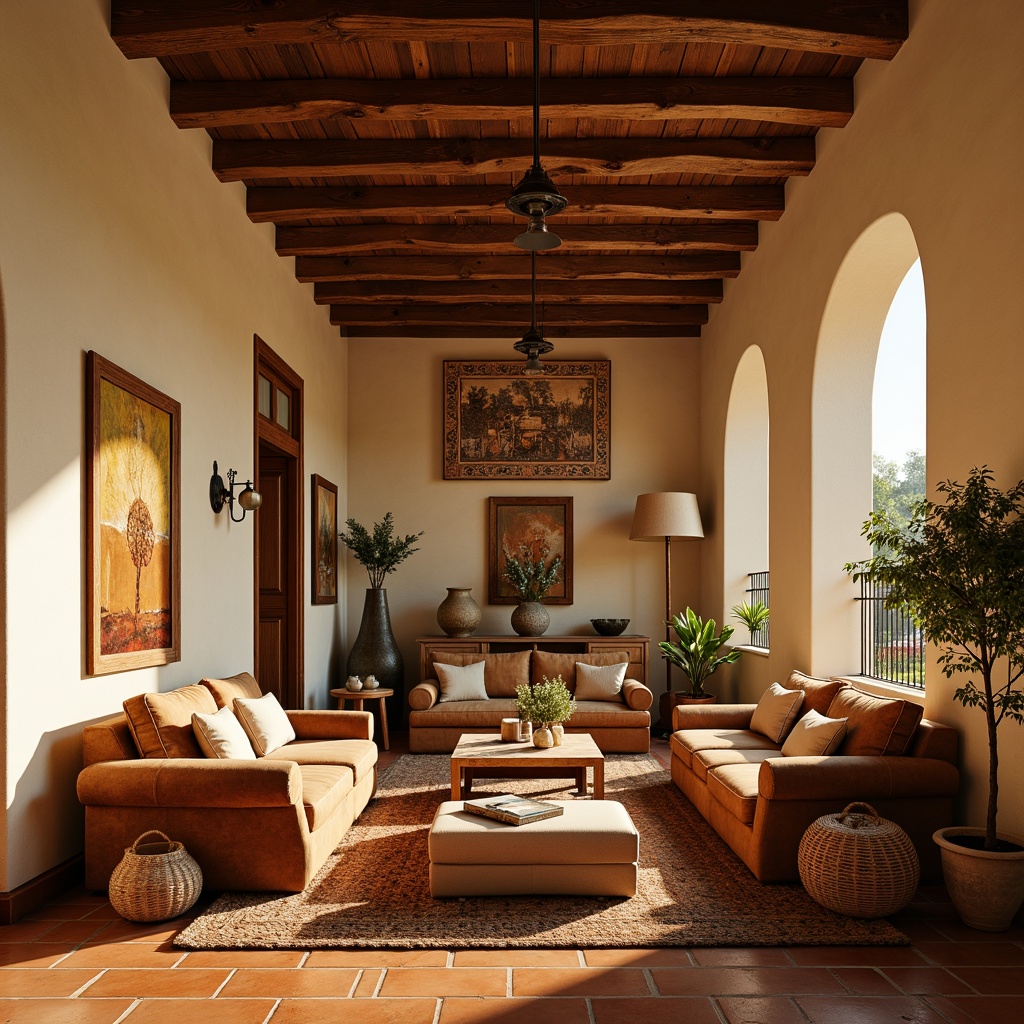 Prompt: Warm beige walls, rustic wooden accents, ornate ceramic tiles, plush velvet sofas, distressed leather armchairs, natural fiber rugs, woven wicker furniture, curved archways, decorative ironwork, sunny terracotta floors, soft golden lighting, ambient shadows, 1/1 composition, intimate close-ups, realistic textures, warm color palette.