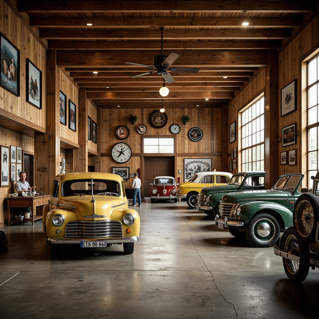 Prompt: Rustic family garage, warm earthy tones, natural wood accents, weathered metal exteriors, vintage car displays, nostalgic memorabilia, concrete flooring, industrial lighting fixtures, distressed finishes, soft warm glow, shallow depth of field, 1/1 composition, realistic textures, ambient occlusion.