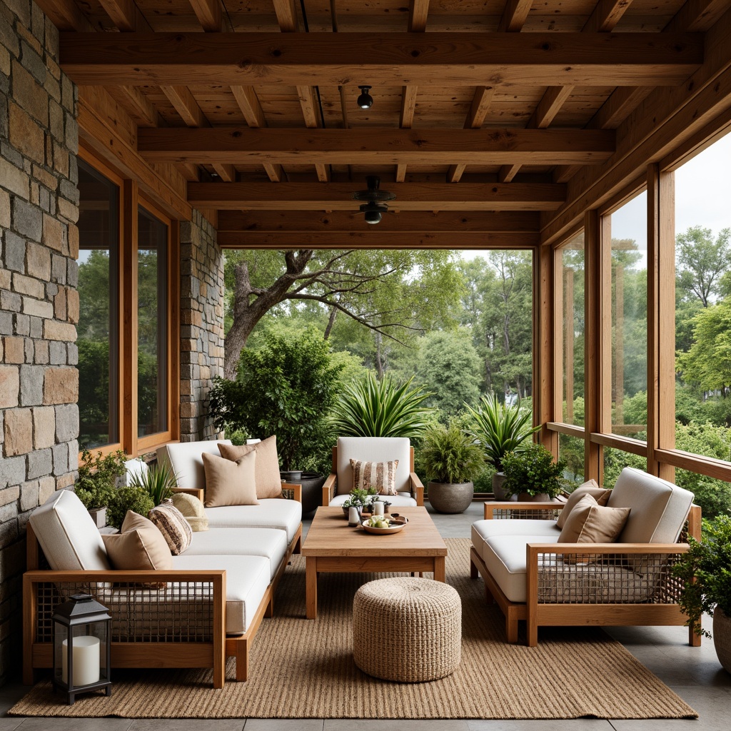 Prompt: Cozy sunroom, wooden beams, natural stone walls, lush greenery, comfortable seating areas, plush armchairs, ottomans, rustic wood coffee tables, vintage metal lanterns, woven wicker furniture, earthy color palette, warm neutral tones, abundant natural light, large windows, sliding glass doors, panoramic views, Craftsman-style wooden accents, rectangular shapes, clean lines, minimal ornamentation, functional simplicity, soft warm lighting, shallow depth of field, 3/4 composition, realistic textures, ambient occlusion.