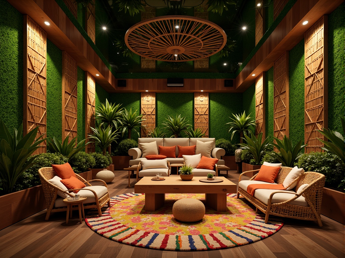 Prompt: Vibrant tropical cinema interior, lush green walls, exotic wooden accents, woven rattan furniture, colorful tassel decorations, natural fiber textiles, warm ambient lighting, cozy seating areas, acoustic panels with geometric patterns, sound-absorbing materials, intricate wood carvings, palm tree-inspired columns, rustic metal fixtures, earthy tone color palette, soft diffused light, 1/1 composition, realistic render, detailed textures.