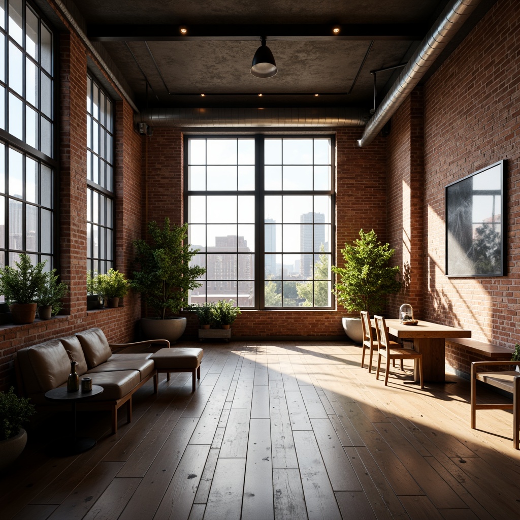 Prompt: Industrial-chic loft, exposed brick walls, wooden floorboards, metal beams, glass accents, minimalist decor, urban cityscape views, natural light pouring in, soft warm ambiance, atmospheric lighting, 1/1 composition, shallow depth of field, realistic textures, ambient occlusion.