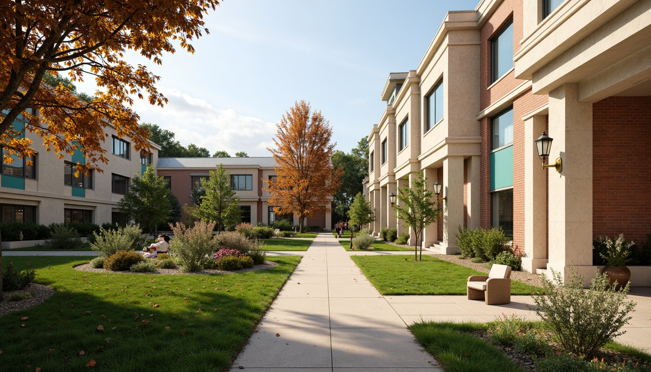 Prompt: Ivory academic buildings, warm beige stone walls, rustic red brick facades, soft sage greenery, vibrant turquoise accents, rich walnut wood tones, creamy white marble columns, elegant golden lighting fixtures, ornate bronze details, lush emerald lawns, blooming flowers, sunny afternoon, soft warm lighting, shallow depth of field, 3/4 composition, panoramic view, realistic textures, ambient occlusion.