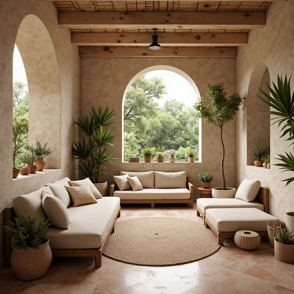 Prompt: Earthy tones, beige foundations, warm sandy accents, soft peach undertones, calming creamy whites, weathered wooden textures, natural stone walls, woven rattan furniture, linen upholstery, jute rugs, organic shapes, minimalist decor, abundant greenery, lush plants, serene ambiance, soft diffused lighting, shallow depth of field, 1/1 composition, realistic renderings, ambient occlusion.