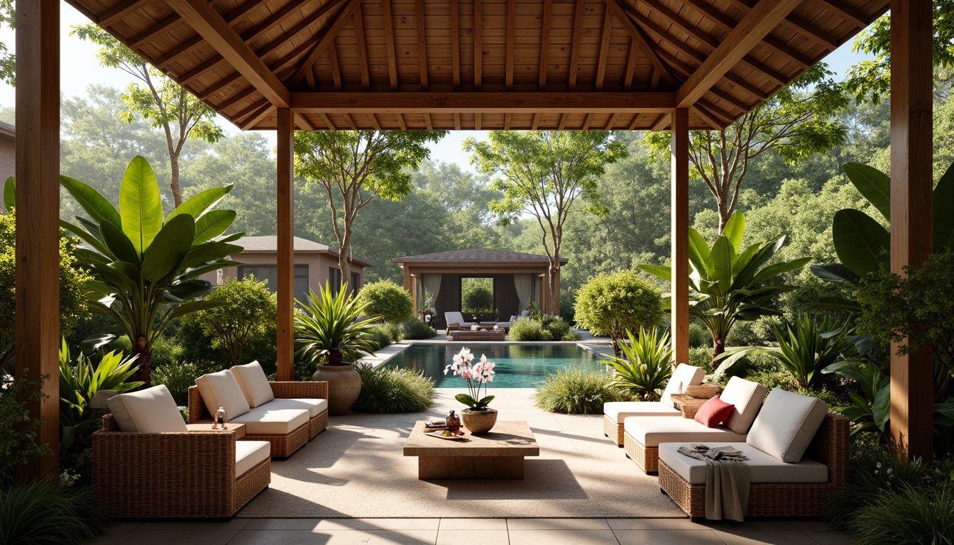 Prompt: Exquisite pavilion, lush greenery, exotic plants, natural wood accents, woven bamboo furniture, soft silk fabrics, subtle Asian-inspired patterns, warm golden lighting, shallow depth of field, 1/1 composition, serene atmosphere, realistic textures, ambient occlusion, tranquil water features, delicate orchids, vibrant tropical flowers, rustic stone planters, earthy terracotta pots.