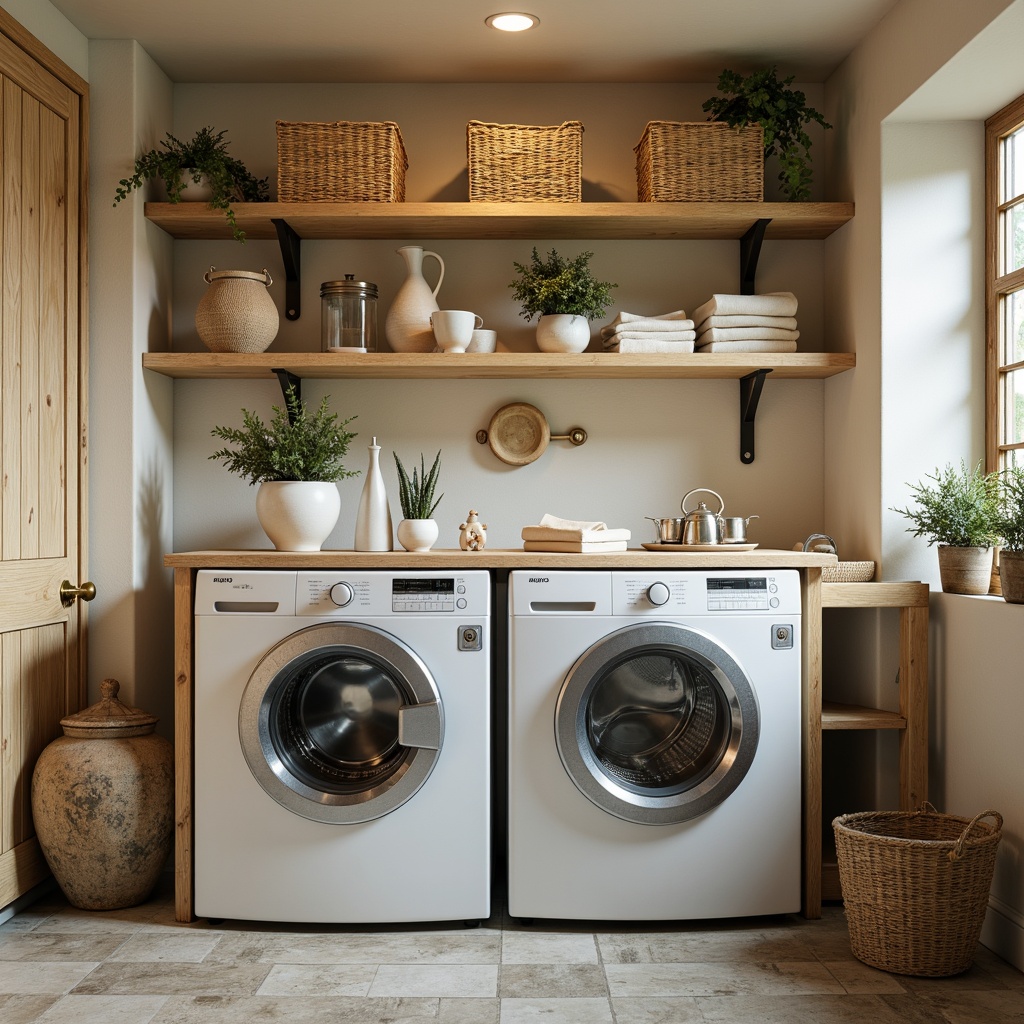 Prompt: Warm beige walls, soft creamy whites, gentle gray blues, traditional laundry decor, vintage washing machines, distressed wooden shelves, woven baskets, floral patterns, rustic metal accents, natural stone floors, earthy tones, warm ambient lighting, shallow depth of field, 1/1 composition, realistic textures, cozy atmosphere.