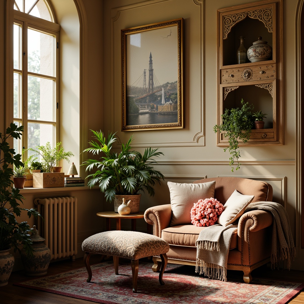 Prompt: Cozy reading nook, plush velvet pillows, soft golden lighting, warm beige walls, rich wood accents, ornate metal frames, vintage-inspired decor, distressed leather armchair, decorative rugs, lush greenery, potted plants, delicate porcelain vases, antique books, intricate carvings, comfortable oversized blanket, soothing pastel colors, 1/1 composition, shallow depth of field, soft focus, warm color palette.