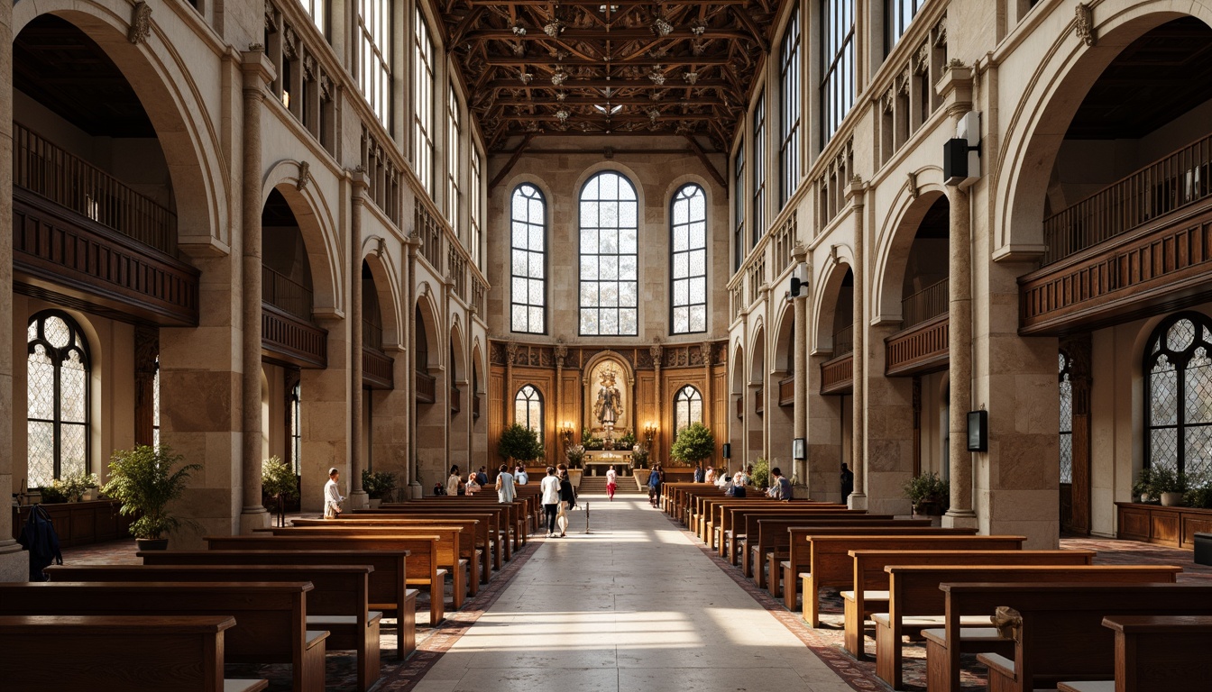 Prompt: Grand cathedral interior, high ceilings, stained glass windows, ornate wooden pews, polished marble floors, intricate stone carvings, reverberant spaces, sound-absorbing panels, diffusers, bass traps, acoustic screens, microphone placements, natural wood accents, soft upholstery, warm lighting, subtle color palette, 1/2 composition, realistic textures, ambient occlusion.