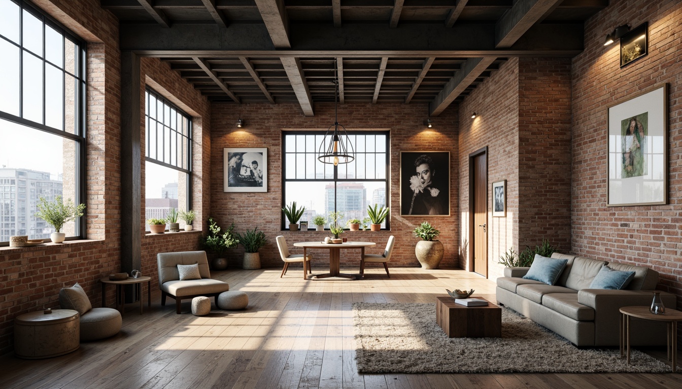 Prompt: Industrial chic loft, exposed brick walls, metal beams, reclaimed wood floors, modern minimalist decor, neutral color palette, creamy whites, weathered woods, deep blues, rich charcoals, soft warm lighting, atmospheric shadows, high ceilings, open spaces, urban city views, panoramic windows, eclectic art pieces, vintage furniture, distressed finishes, rough textures.