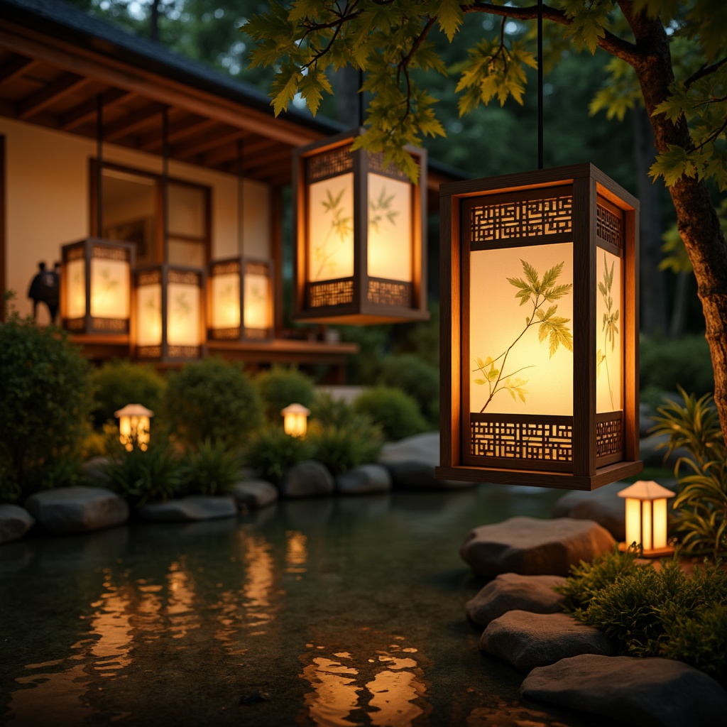 Prompt: Oriental-inspired lanterns, delicate silk shades, warm golden lighting, intricately carved wooden fixtures, bamboo accents, natural linen textures, paper lanterns in soft pastel hues, minimalist metal frames, subtle LED strips, ambient warm glow, cozy atmospheric illumination, traditional Japanese washi paper designs, cultural symbol motifs, serene water features, lush greenery surroundings, peaceful forest ambiance, shallow depth of field, 1/2 composition, realistic reflections.