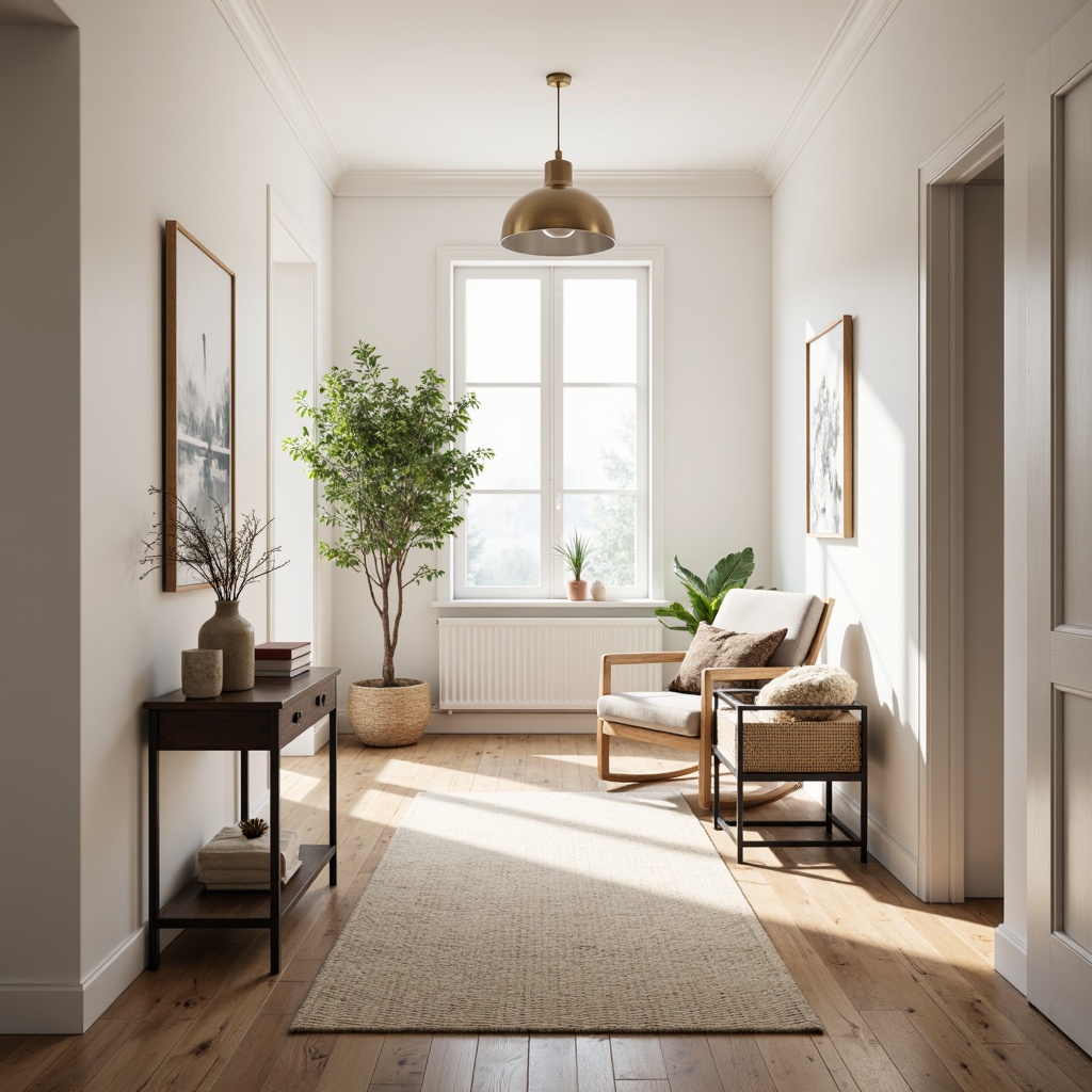 Prompt: Light-filled Scandinavian hallway, minimalist decor, sleek wooden floors, white walls, modern pendant lamps, slim console tables, minimalist metal chairs, woven seagrass rugs, natural textiles, subtle patterns, warm beige tones, cozy ambiance, soft diffused lighting, 1/1 composition, realistic wood grain textures, ambient occlusion.