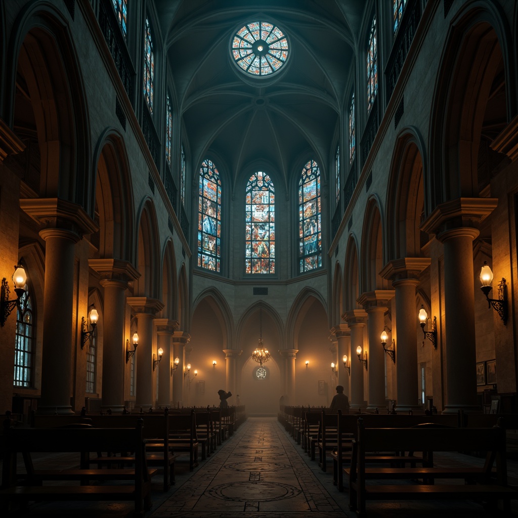 Prompt: Dimly lit cathedral, vaulted ceilings, ornate stone carvings, stained glass windows, mystical atmosphere, candelabras, iron chandeliers, lantern-style lighting, warm golden glow, subtle shadowing, dramatic highlights, intricate metalwork, grandiose scale, mysterious ambiance, eerie silence, foggy mist, atmospheric fog, cinematic lighting, low-key illumination, warm color temperatures.