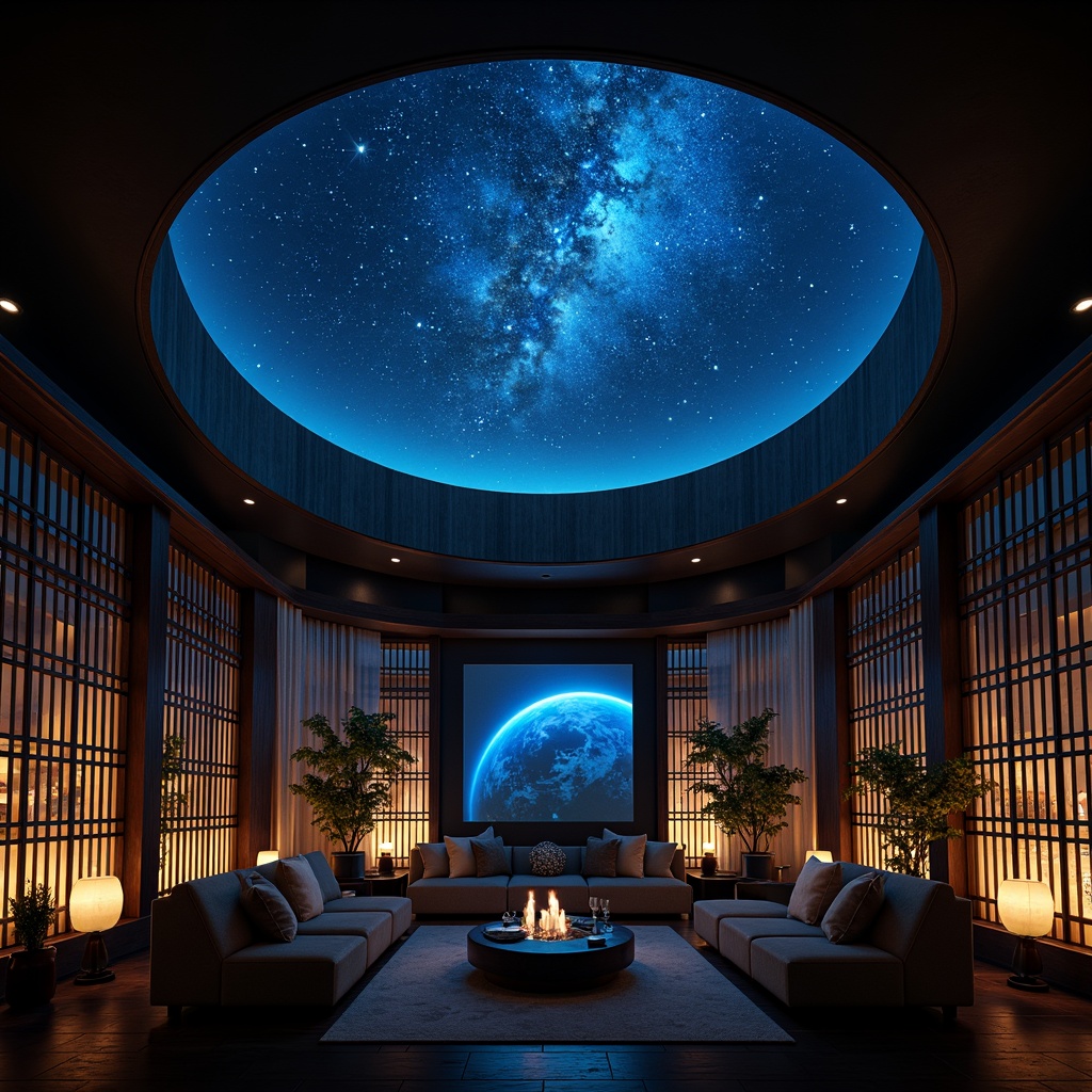 Prompt: Dark blue dome ceiling, twinkling starry night sky, subtle gradient lighting, traditional Japanese shoji screens, natural wood accents, intricate Oriental patterns, golden lanterns, soft warm ambiance, cozy seating areas, futuristic planetarium projections, 3D astronomical visualizations, real-time space exploration simulations, ambient sounds of nature, shallow depth of field, cinematic wide-angle shots, mystical atmospheric fog, subtle LED lighting, luxurious velvet drapes.