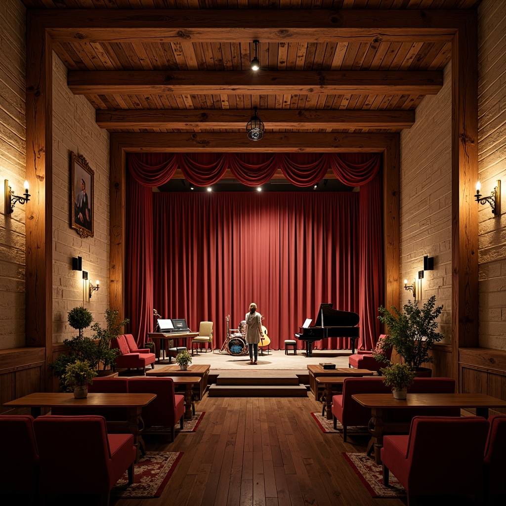 Prompt: Intimate music venue, rustic wooden accents, soft warm lighting, plush velvet curtains, ornate golden fixtures, antique furnishings, distressed stone walls, high ceilings, wooden beam structures, elegant chandeliers, rich red fabrics, luxurious upholstery, sound-absorbing panels, state-of-the-art audio equipment, professional stage lighting, grand pianos, acoustic guitars, French country-inspired decor, vintage musical instruments, warm earthy tones, 1/2 composition, shallow depth of field, soft focus.