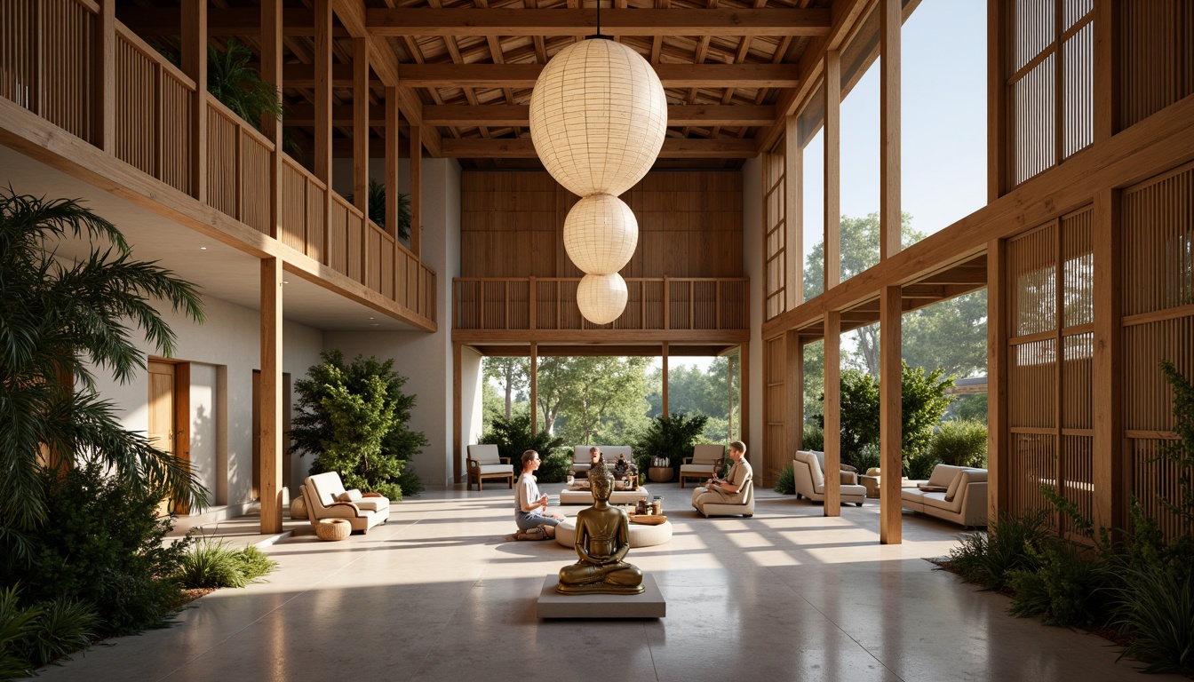 Prompt: Spacious great room, high ceilings, natural materials, wooden accents, Asian-inspired decor, Buddha statues, paper lanterns, minimalist furniture, low seating, traditional Japanese shoji screens, sliding doors, natural textiles, woven bamboo walls, lush greenery, abundant plants, warm lighting, soft shadows, 1/1 composition, atmospheric perspective, subtle color palette, earthy tones, serene ambiance, peaceful atmosphere.