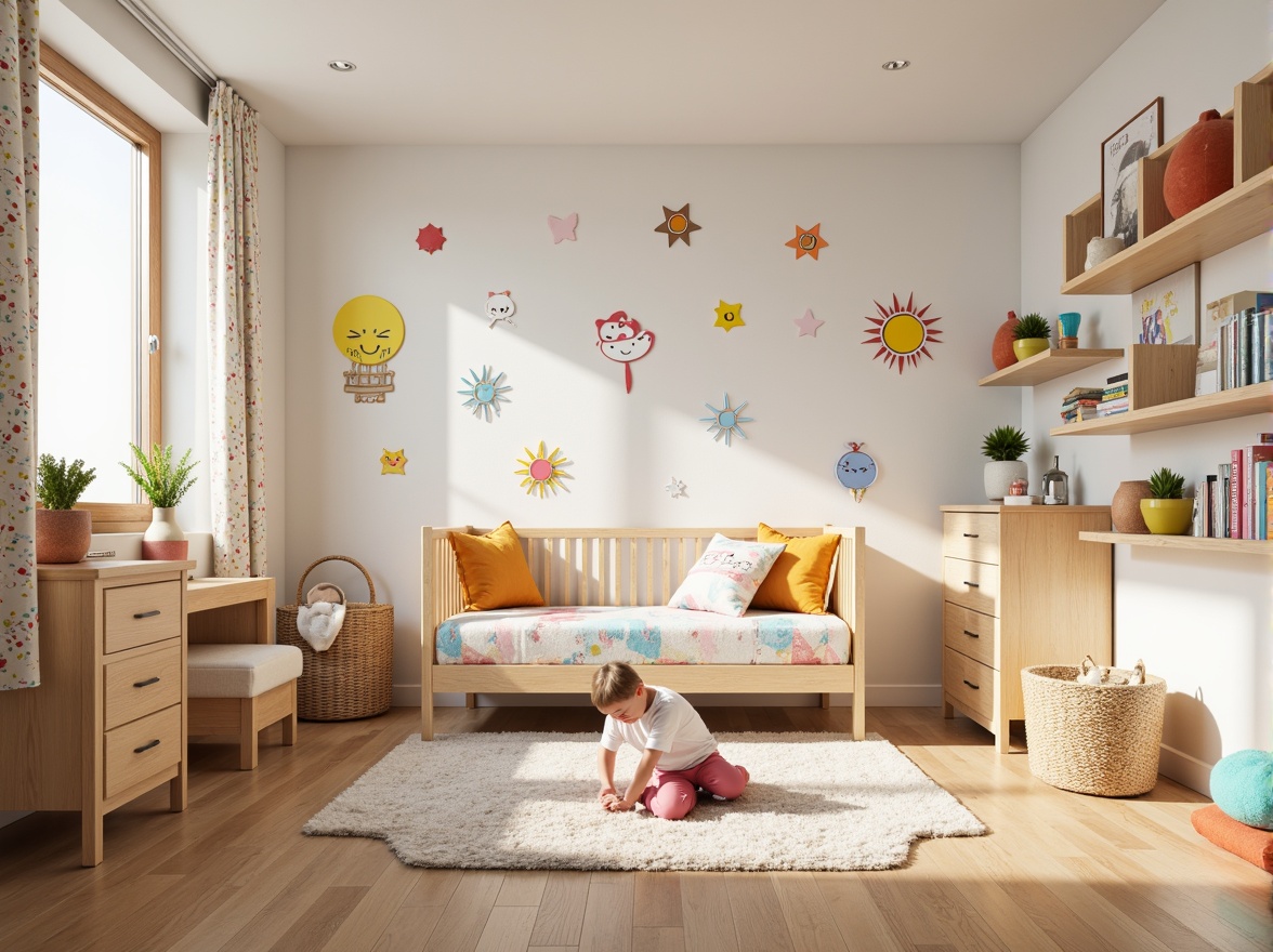 Prompt: Vibrant kids' bedroom, playful furniture, soft pastel colors, gentle warm lighting, whimsical wall decals, colorful bedding sets, plush toys, built-in bookshelves, cozy reading nooks, natural wood flooring, creamy white walls, sweet nursery rhymes, soothing atmosphere, shallow depth of field, 1/1 composition, realistic textures, ambient occlusion.