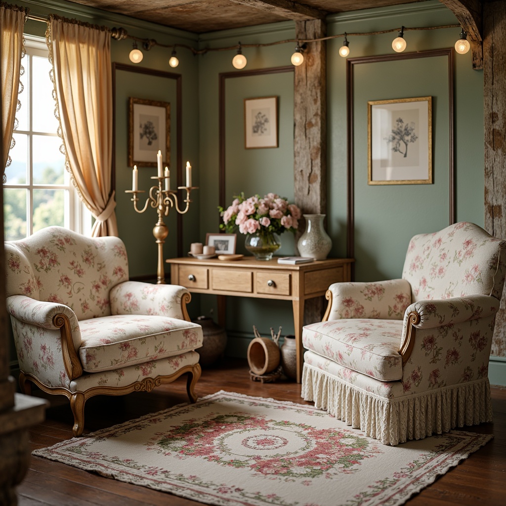 Prompt: Distressed vintage furniture, soft pastel colors, lace draping, floral patterns, ruffled fabrics, antique accessories, weathered wooden textures, ornate metal details, distressed finishes, elegant candelabras, flowing curtains, rustic country charm, cozy intimate atmosphere, warm golden lighting, shallow depth of field, 1/2 composition, romantic whimsical feel, soft focus effect.