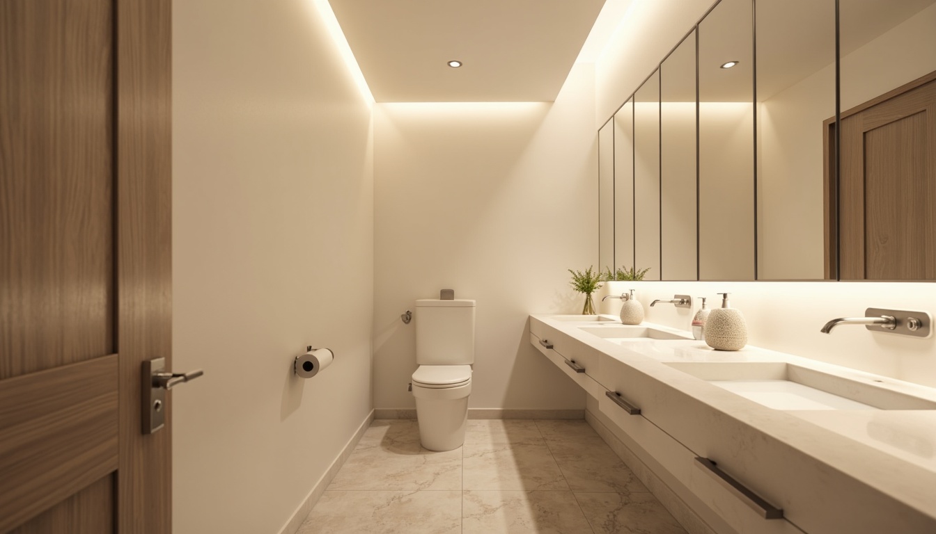 Prompt: Simple powder room, soft warm glow, recessed lighting, subtle LED strips, minimalist decor, pure white walls, sleek countertops, modern sink fixtures, wall-mounted cabinets, chrome accents, natural stone flooring, ambient shadows, low-key illumination, 1/1 composition, shallow depth of field, realistic textures, soft focus, atmospheric mood.