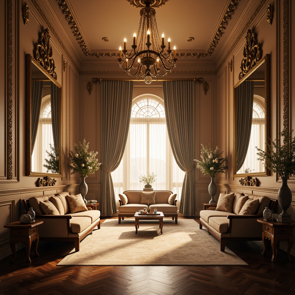 Prompt: Soft warm glow, ornate chandeliers, gilded mirrors, lavish furnishings, velvet drapes, intricately carved wooden panels, delicate porcelain vases, pastel color palette, opulent fabrics, golden accents, subtle mist, warm candlelight, dramatic shadows, 1/1 composition, shallow depth of field, realistic textures, ambient occlusion.