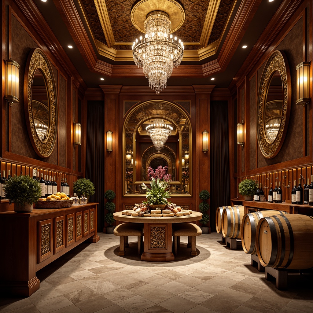 Prompt: Luxurious wine cellar, rich wood paneling, Art Deco patterns, metallic accents, ornate mirrors, crystal chandeliers, textured walls, velvet drapes, polished marble floors, intricately carved wooden cabinets, vintage wine barrels, golden lighting, warm atmosphere, shallow depth of field, 1/1 composition, dramatic shadows, realistic textures, ambient occlusion.