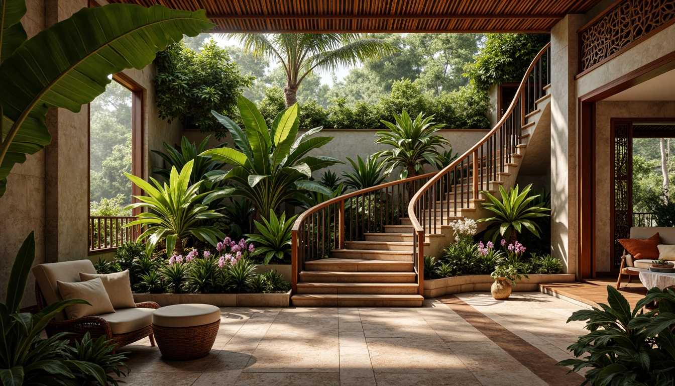 Prompt: Exotic tropical villa, curved staircase, polished wooden treads, ornate metal railings, lush greenery, vibrant floral patterns, natural stone walls, reclaimed wood accents, woven rattan furniture, plush textiles, soft warm lighting, shallow depth of field, 1/1 composition, realistic textures, ambient occlusion.