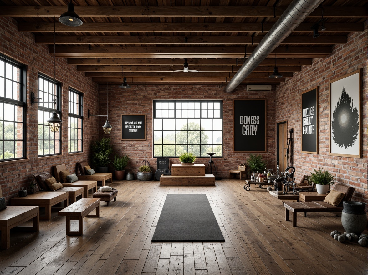 Prompt: Rustic industrial home gym, metal beams, exposed brick walls, reclaimed wood flooring, vintage fitness equipment, distressed leather benches, hanging metal lanterns, concrete weights, iron dumbbells, chains and ropes, motivational quotes, urban loft ambiance, high-ceiling windows, natural light, soft warm lighting, shallow depth of field, 3/4 composition, panoramic view, realistic textures, ambient occlusion.