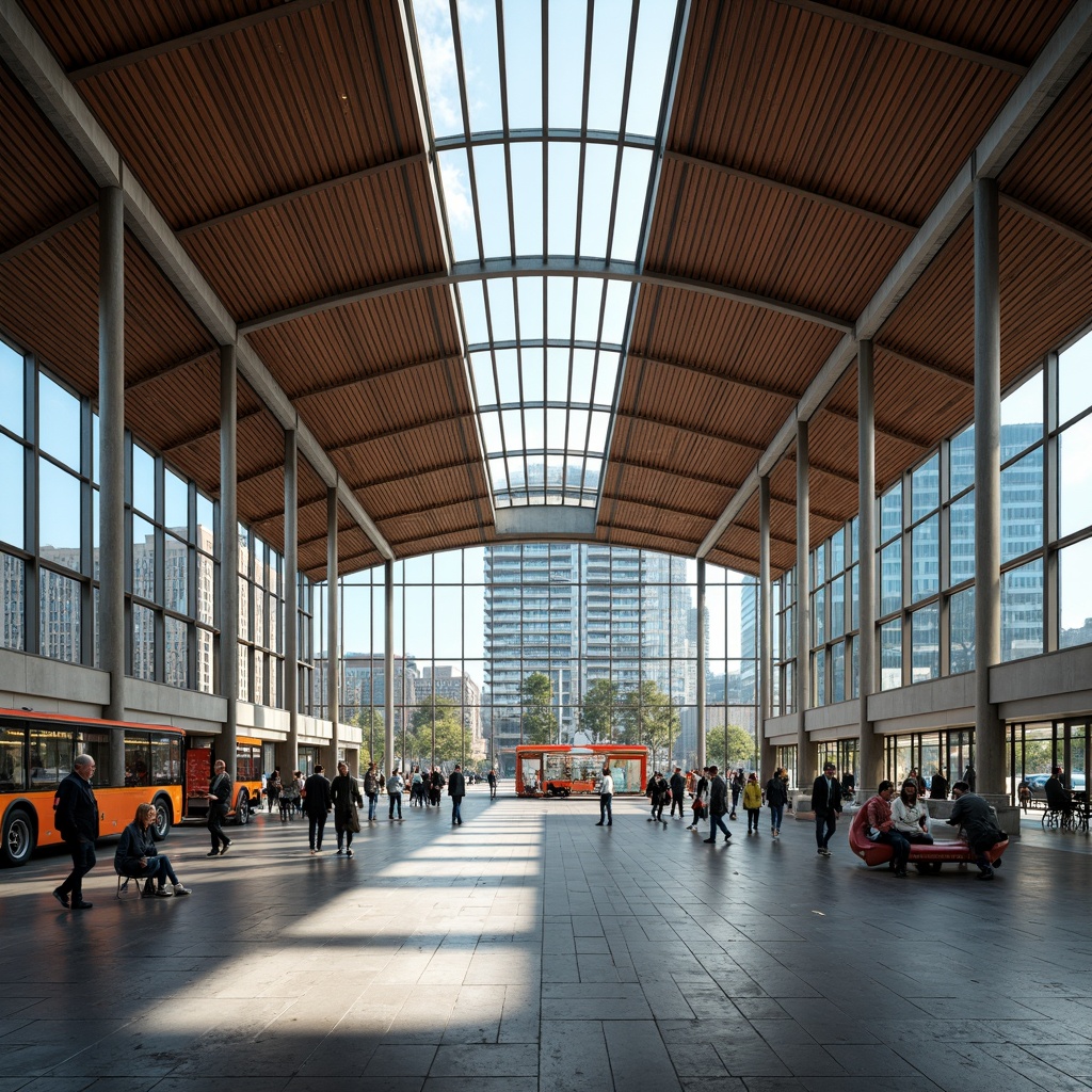 Prompt: Spacious bus station interior, high ceilings, clerestory windows, skylights, transparent roofing, reflective surfaces, minimal obstructions, open floor plan, curved lines, modern minimalist design, large glass fa\u00e7ades, urban cityscape views, bustling atmosphere, natural stone flooring, steel beams, wooden accents, vibrant color scheme, soft warm lighting, shallow depth of field, 1/1 composition, panoramic view, realistic textures, ambient occlusion.