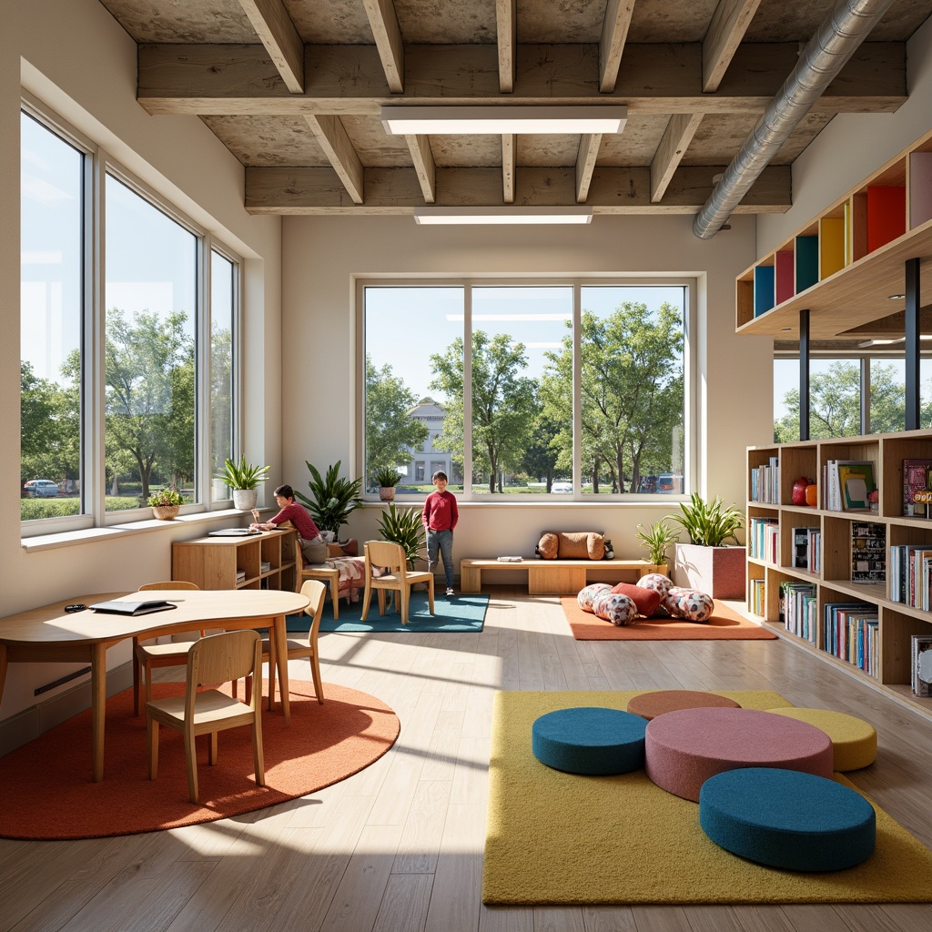 Prompt: Vibrant elementary school, Scandinavian-inspired furniture, minimalist wooden desks, ergonomic chairs, colorful storage bins, playful rug patterns, natural light-filled classrooms, large windows, open floor plans, collaborative learning spaces, modern technology integration, interactive whiteboards, cozy reading nooks, plush pillows, industrial-chic metal shelving, reclaimed wood accents, earthy color palette, sunny day, soft warm lighting, shallow depth of field, 3/4 composition, panoramic view, realistic textures, ambient occlusion.