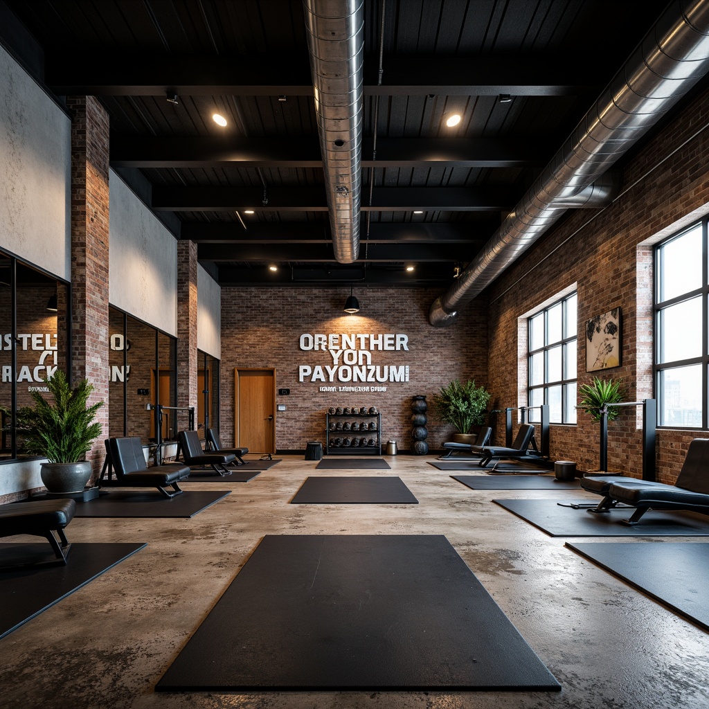 Prompt: Industrial-style home gym, polished concrete floors, matte black rubber flooring, textured epoxy coatings, metallic accents, exposed ductwork, reclaimed wood planks, distressed finishes, urban loft atmosphere, high ceilings, industrial-chic lighting, metal beams, functional equipment, mirrored walls, motivational quotes, intense color schemes, bold typography, dramatic shadows, low-angle photography, 2/3 composition, contrasty textures, ambient occlusion.