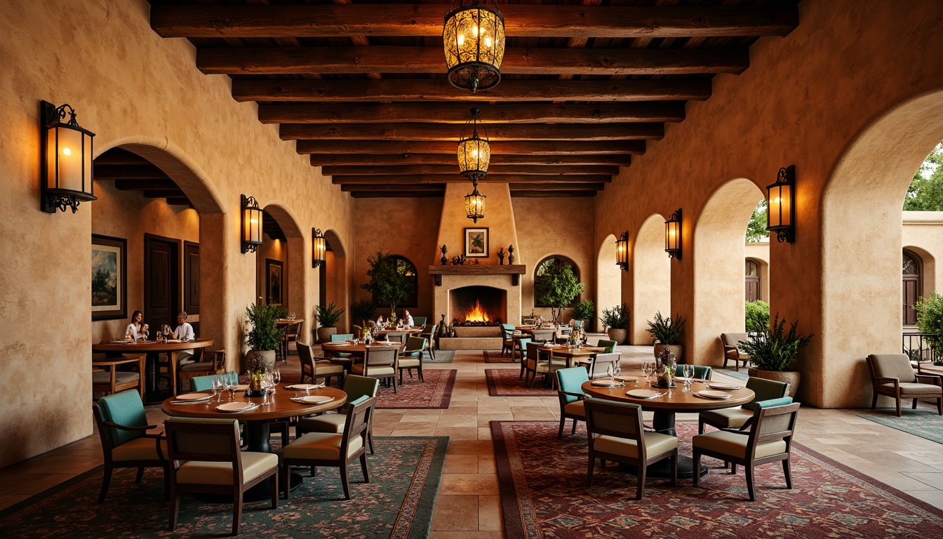 Prompt: Warm rustic dining hall, Southwestern style, wooden beam ceilings, earthy color palette, wrought iron chandeliers, pendant lanterns, candle-inspired lighting, warm bronze tones, textured stucco walls, natural stone flooring, cozy fireplaces, plush area rugs, vibrant turquoise accents, traditional Native American patterns, intricate tile work, warm golden lighting, soft ambient glow, shallow depth of field, 1/1 composition, realistic textures.