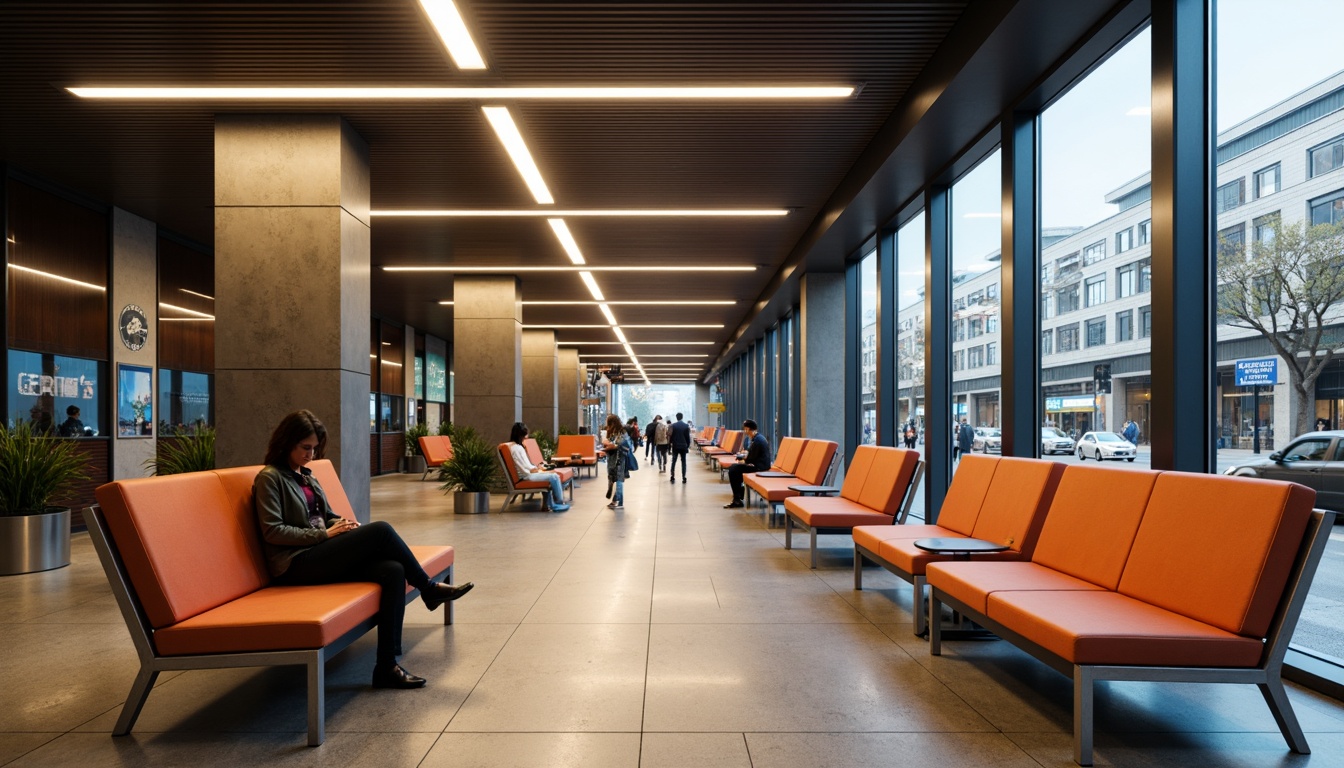 Prompt: Modern metro station, comfortable seating areas, sleek benches, stainless steel frames, soft cushions, vibrant color schemes, overhead LED lighting, natural stone flooring, glass partitions, urban cityscape views, rush hour crowds, gentle ambient noise, warm atmosphere, shallow depth of field, 1/2 composition, realistic textures, subtle reflections.