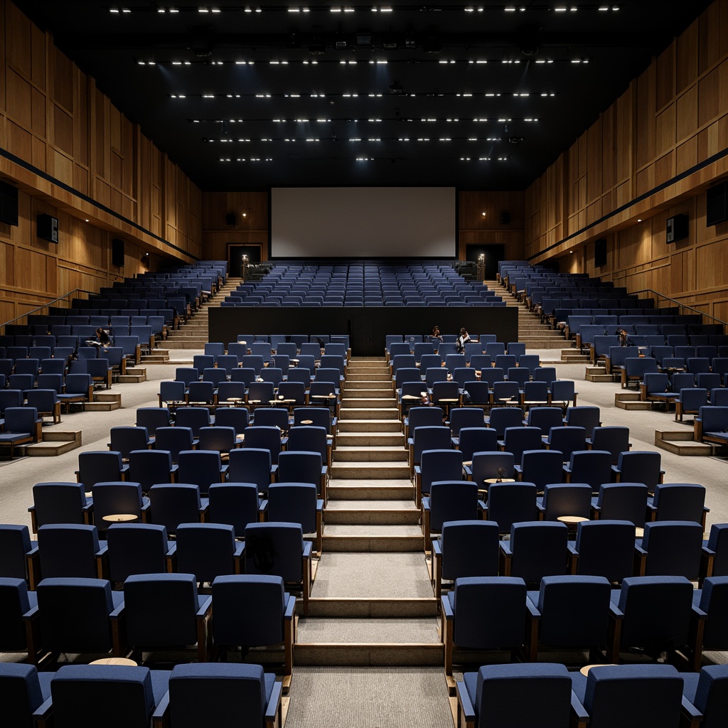 Prompt: Tiered seating, curved rows, central stage, spotlighting, dark blue upholstery, metal frameworks, ergonomic chairs, comfortable cushions, ample legroom, inclined floors, acoustic panels, soundproofing materials, natural stone walls, minimalist decor, warm ambient lighting, 1/2 composition, shallow depth of field, realistic textures, ambient occlusion.