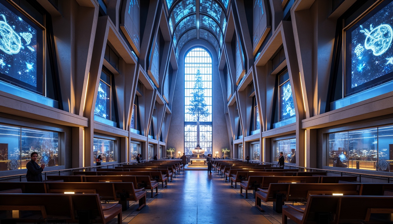 Prompt: Futuristic church interior, sleek metallic surfaces, neon accent lights, holographic projections, minimalist pews, circular altars, vaulted ceilings, stained glass windows, iridescent mosaics, ambient atmospheric lighting, shallow depth of field, 3/4 composition, panoramic view, realistic textures, ambient occlusion, celestial-inspired motifs, vibrant luminescent colors, intricate geometric patterns, spatial flow guiding worshipers, flowing curves, dynamic shapes, sacred futuristic ambiance, heavenly atmosphere.